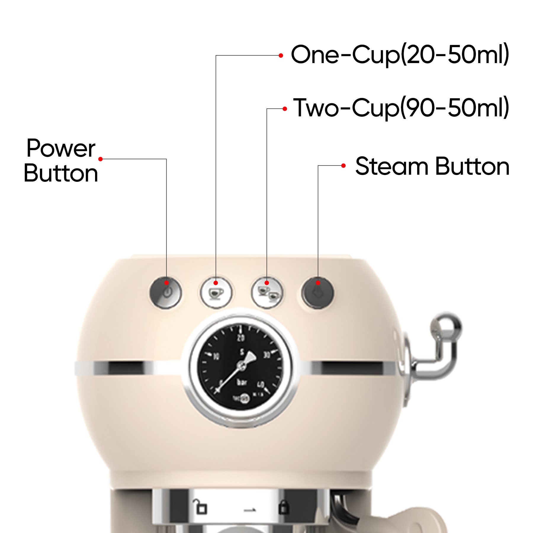 RADOCO Retro Espresso Machine RD-LE6400 — Glossy Cream — highlight 4