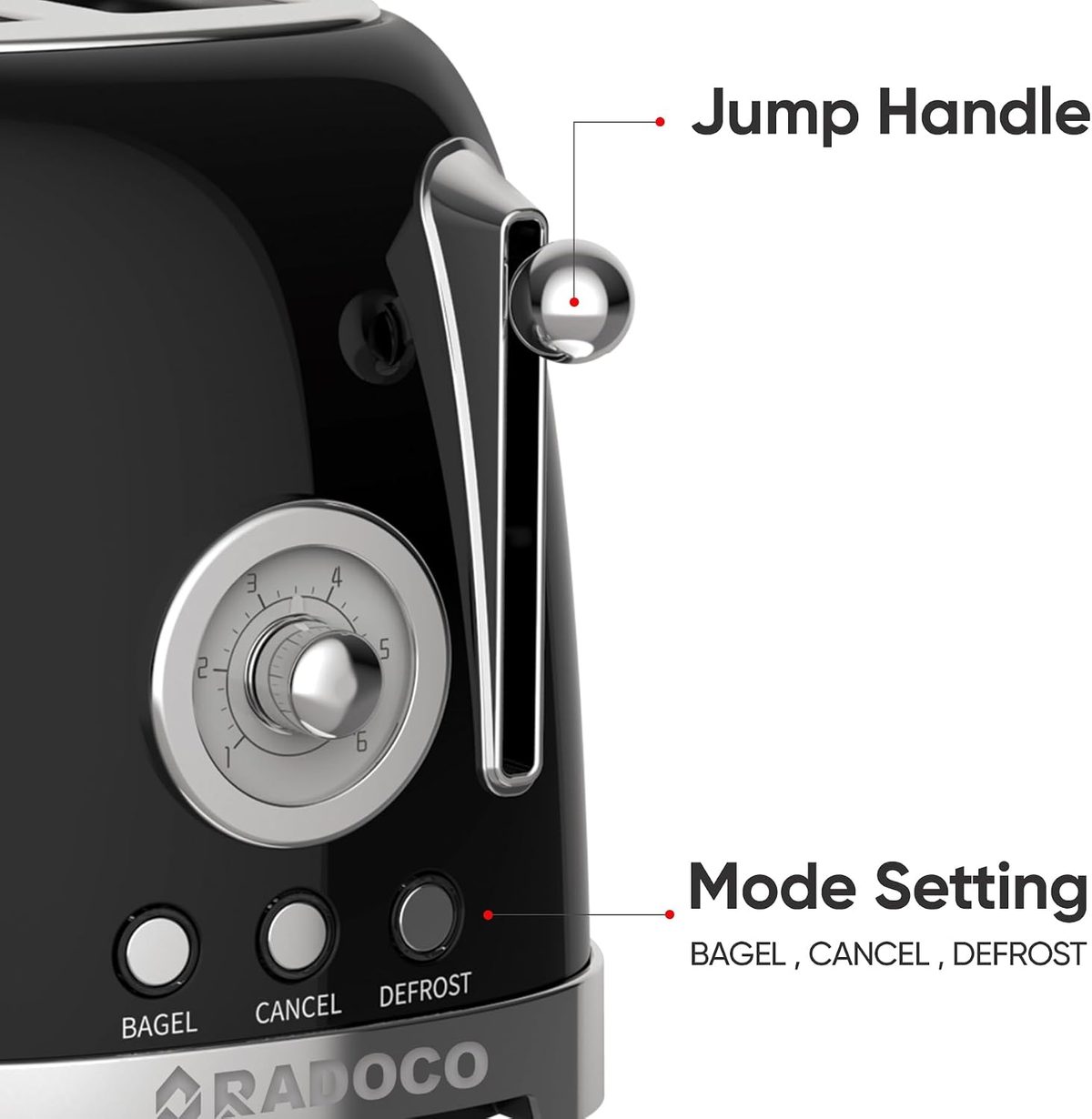 RADOCO Retro 2-Slice Toaster RD-LT3300 — Glossy Black — highlight 3
