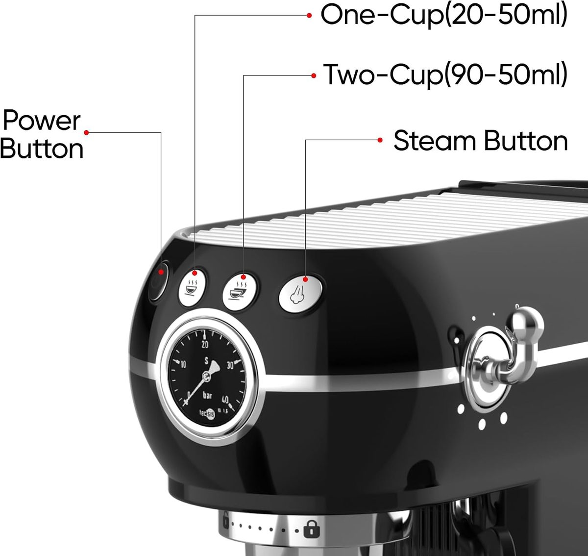 RADOCO Retro Espresso Machine RD-LE6400 — Glossy Black — highlight 4