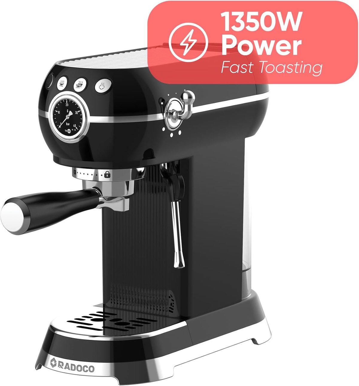RADOCO Retro Espresso Machine RD-LE6400 — Glossy Black — highlight 1